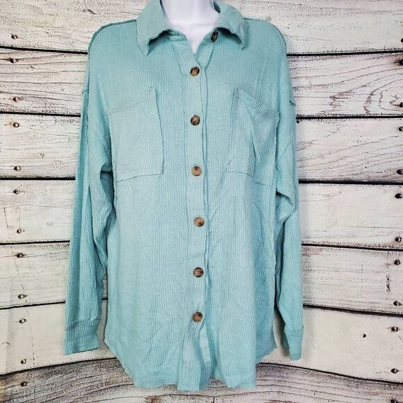 BKE Boyfriend Button Front Corded Shacket Top Aqua Blue Ribbed Small Oversized - Picture 1 of 7